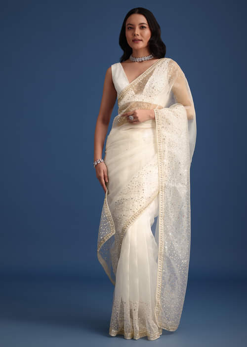 Buy White Glass Tissue Saree With Sequin Embellishments