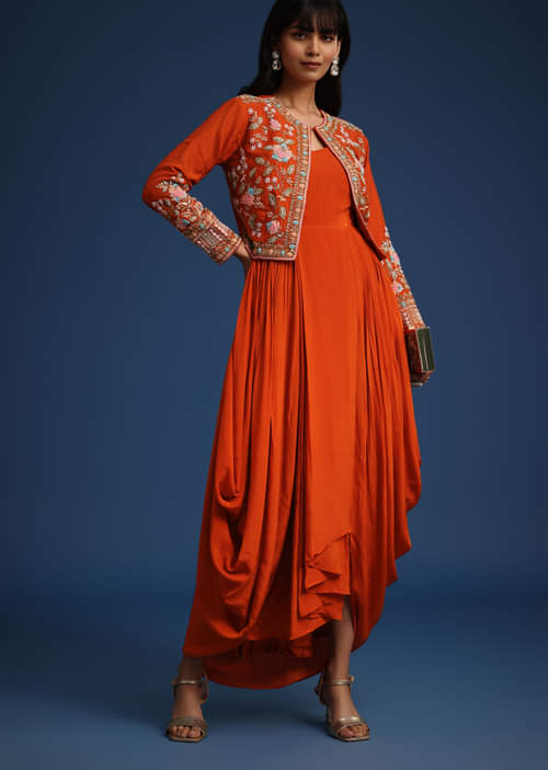 Buy Orange Dhoti Style Gown With Embroidered Jacket| KALKI Fashion