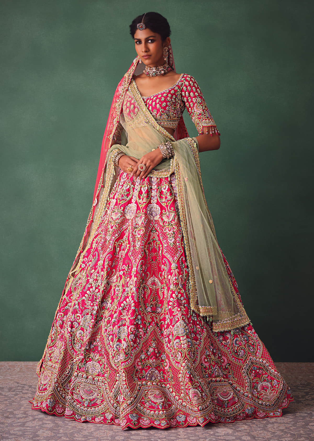 Buy Pink Bridal Lehenga With V Neckline Blouse And Hand Work Dupatta