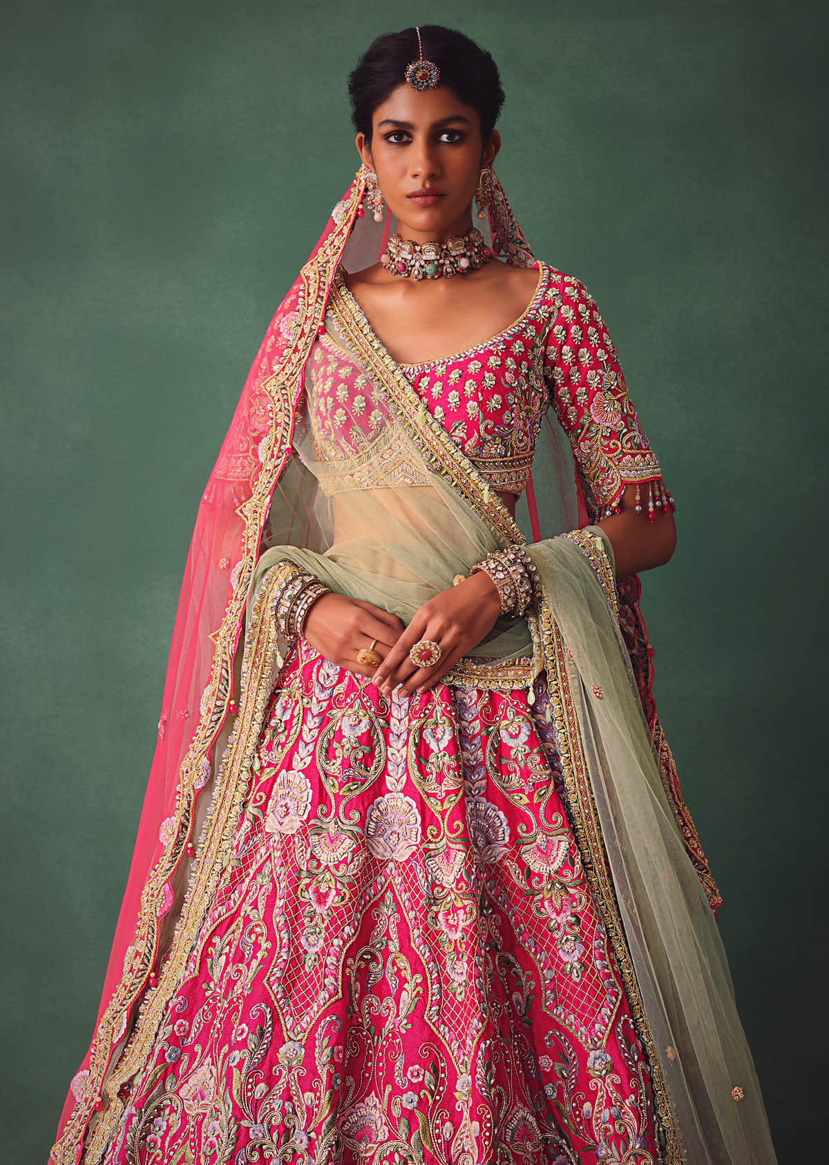 Buy Pink Bridal Lehenga With V Neckline Blouse And Hand Work Dupatta