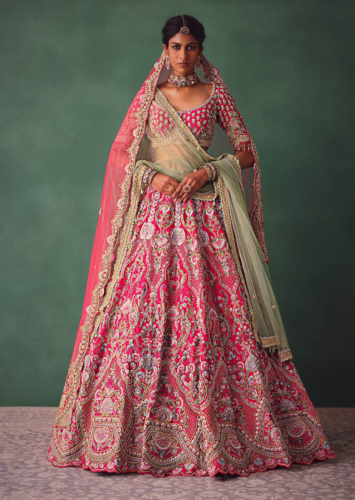 Buy Pink Bridal Lehenga With V Neckline Blouse And Hand Work Dupatta