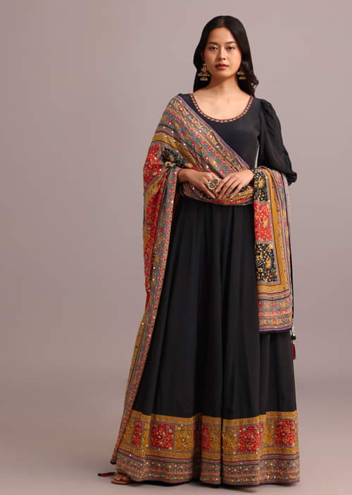 Buy Black Embroidered Anarkali With Printed Dupatta KALKI
