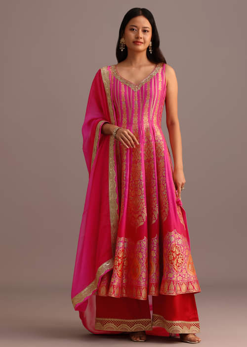 Buy Pink Embroidered Kurti Palazzo With Organza Dupatta