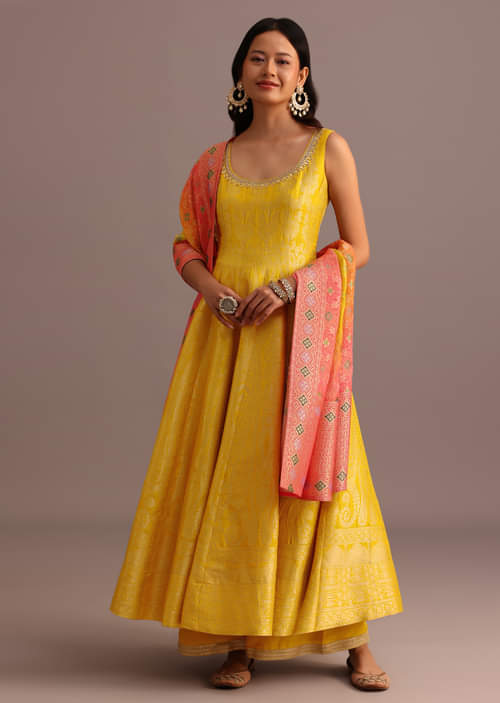 Buy Yellow Brocade Weave Anarkali Set With Dupatta