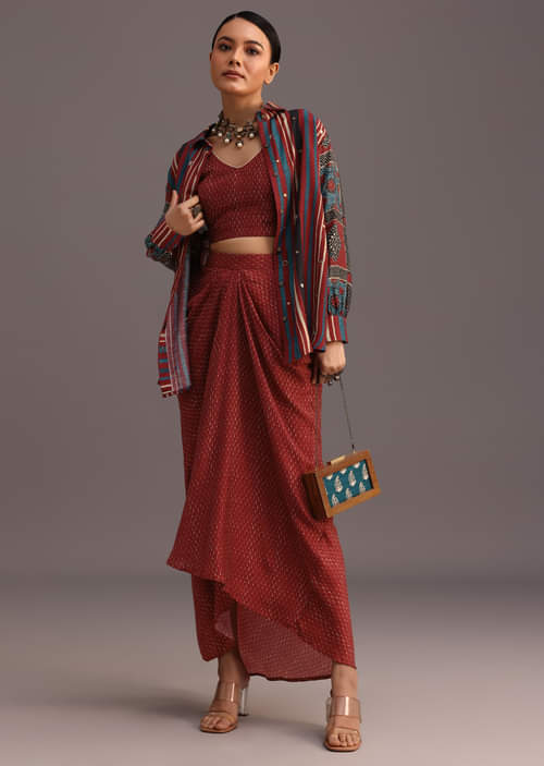 Buy Red Ajrakh Printed Shirt And Croptop With Draped Skirt