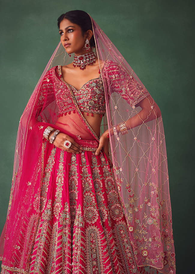 Red Embroidered Lehenga Set With Two Dupattas