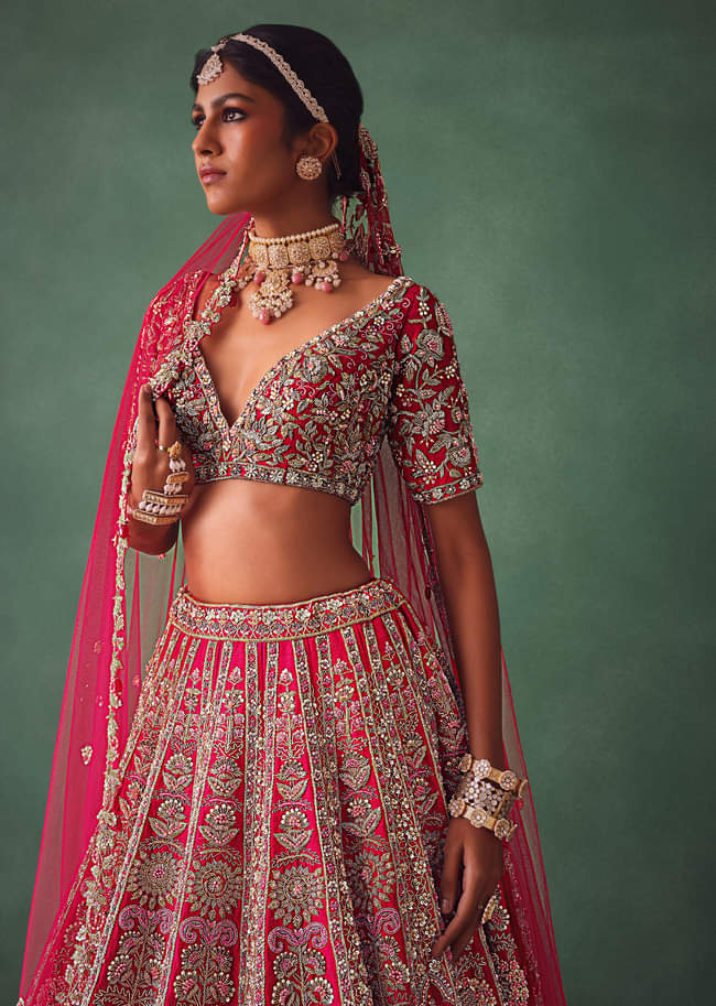 Raw Silk Red Bridal Lehenga With Scallop Dupatta