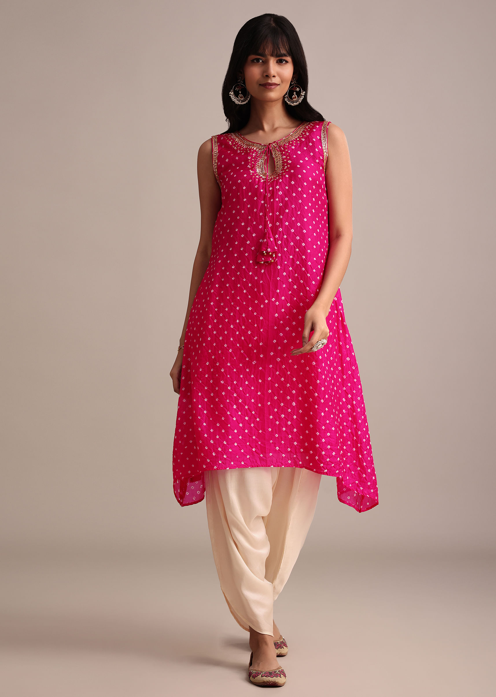 Indian Rajasthani Designers Rayon Pink Bandhej Kurtia And Skirt Stitched With Malmal Dupatta selling Gotta Work. FREE Express Shipping In USA, UK.