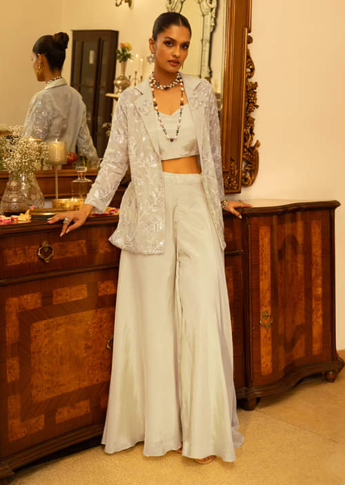 Dress Palazzo Pants And Crop Top With Jacket Buy Cream Embroidered