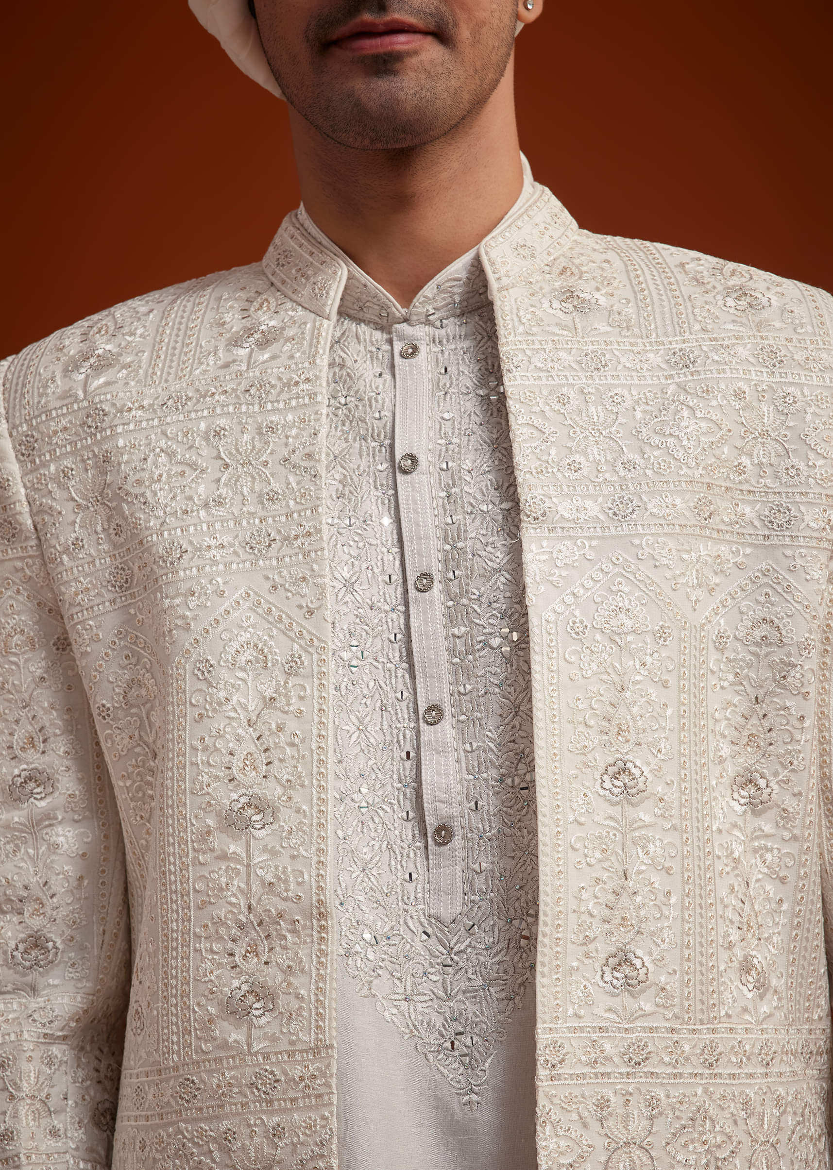 Buy Off White Open Jacket Sherwani Set With Resham Work Buy Off White Open Jacket Sherwani Set With Resham Work
