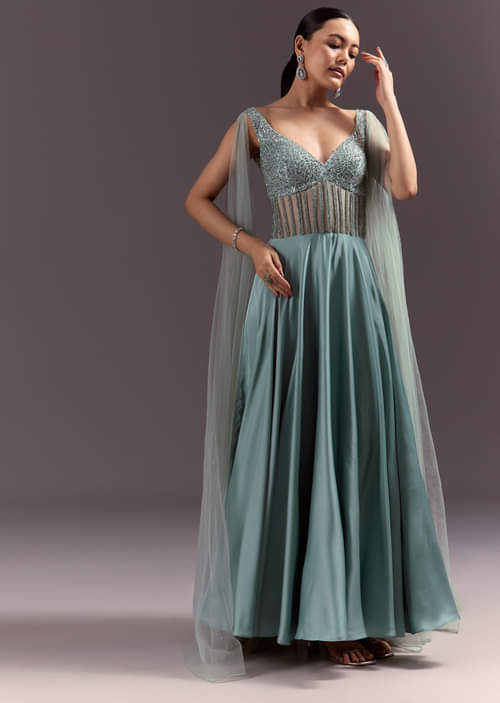 Buy Mint Green Satin Gown With Corset Style Embroidered Bodice