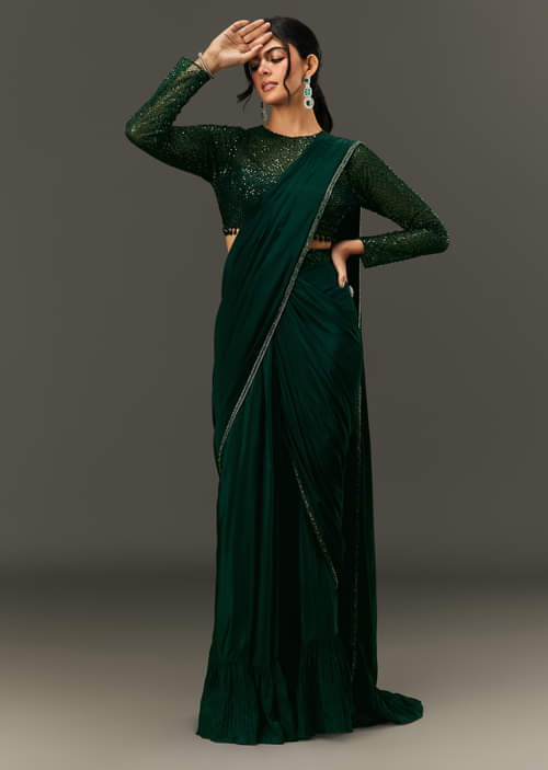 Buy Bottle Green Pre Pleated Saree With Embroidered High Neck Full