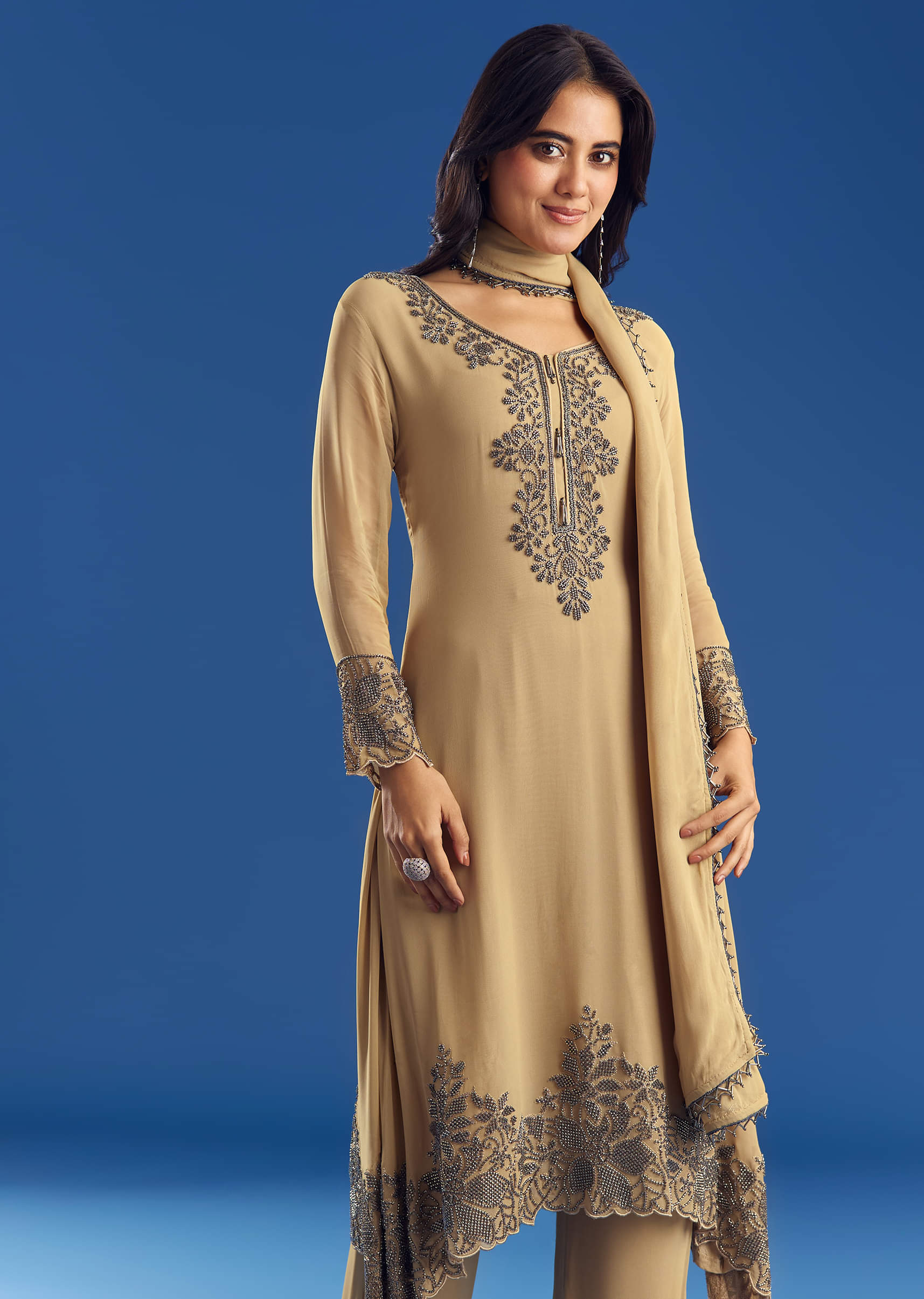 Buy Beige Asymmetrical Georgette Beaded Kurta Pant Set With