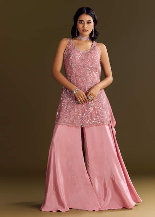 Pink New Trendy Plazo Suits Buy Pink Crepe Embroidered Kurta