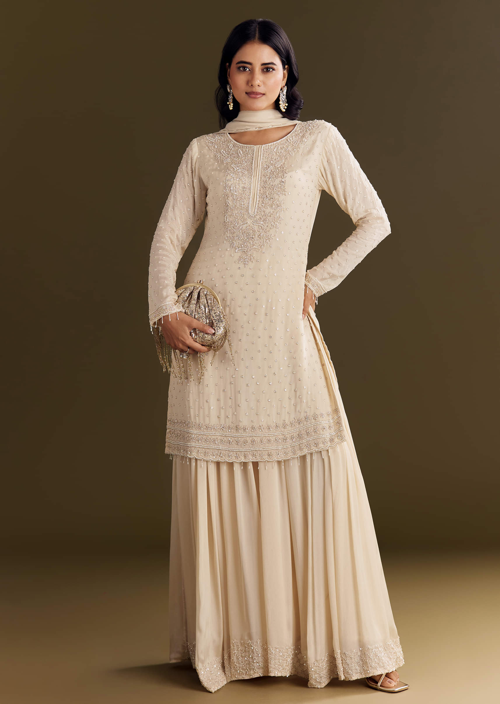 Buy Cream Kurta Palazzo Set With Cutdana And Sequins Work