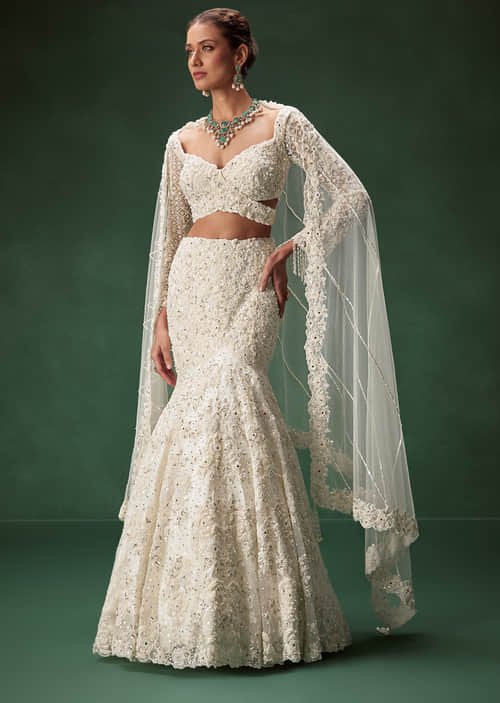 Buy Ivory Mermaid Bridal Lehenga With Full Sleeves And Heavy