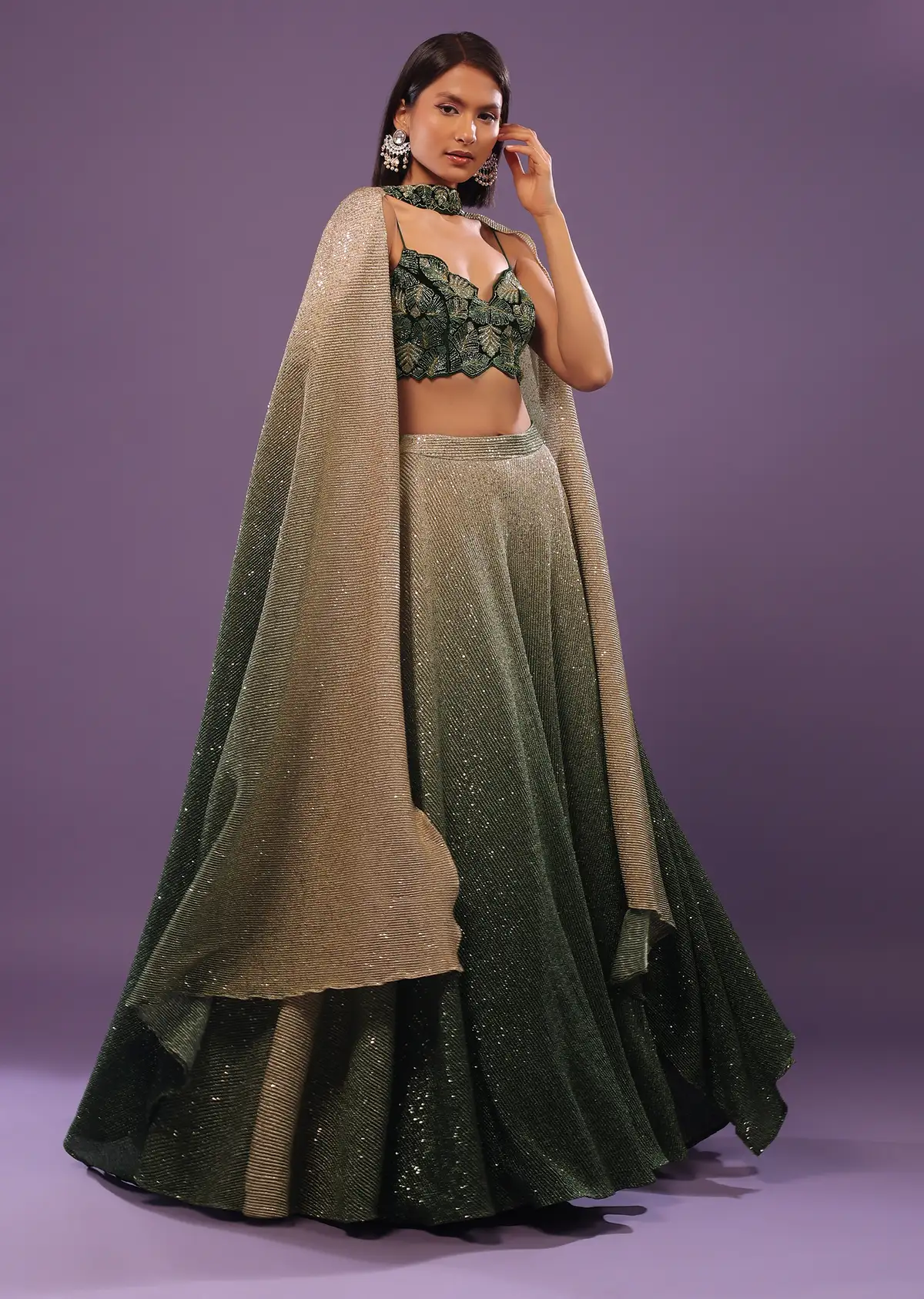 Deep Green Ombre And Gold Embroidered Lehenga Set With Sequins Embroidery