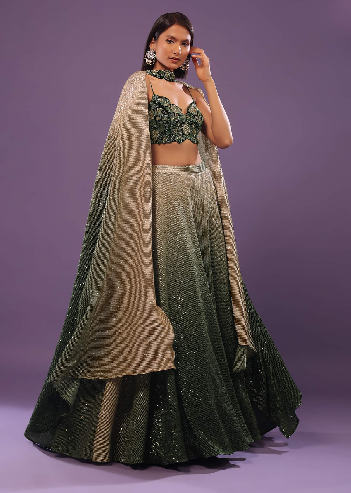Deep Green Ombre And Gold Embroidered Lehenga Set With Sequins Embroidery
