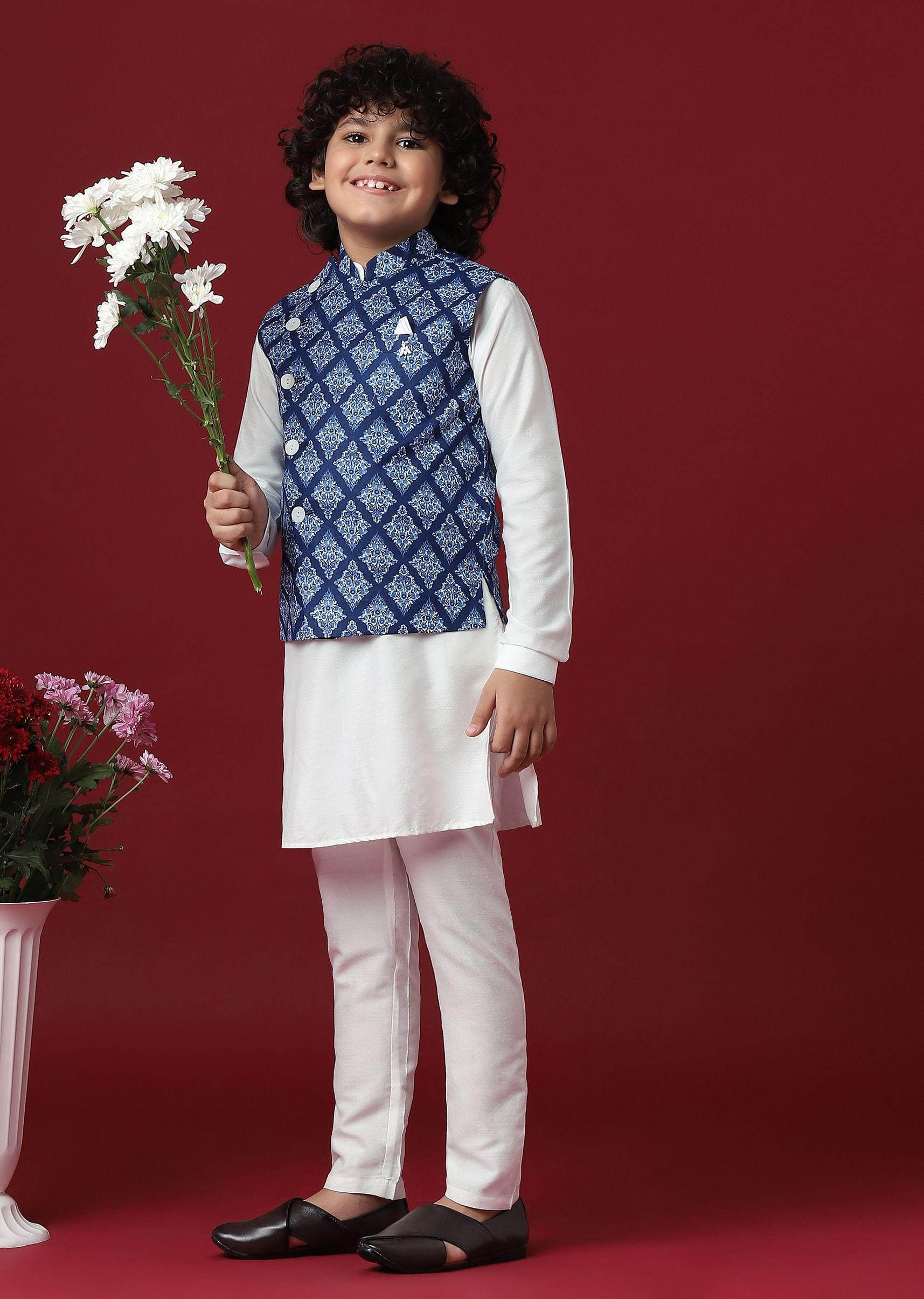 Buy Silk Printed Jacket Kurta Set in Blue KALKI Fashion India