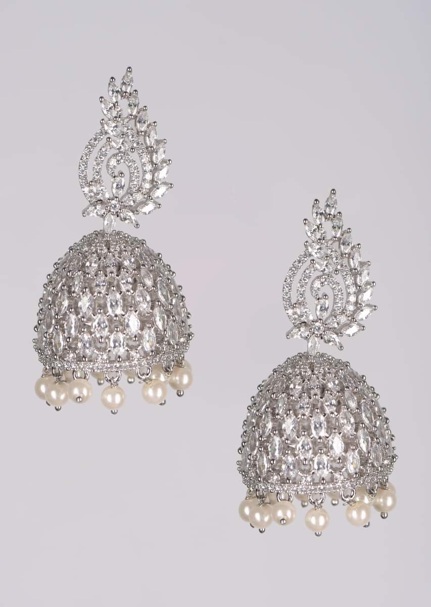 Buy Silver Plated Jhumkas With Crystals And Dangling Pearls Online