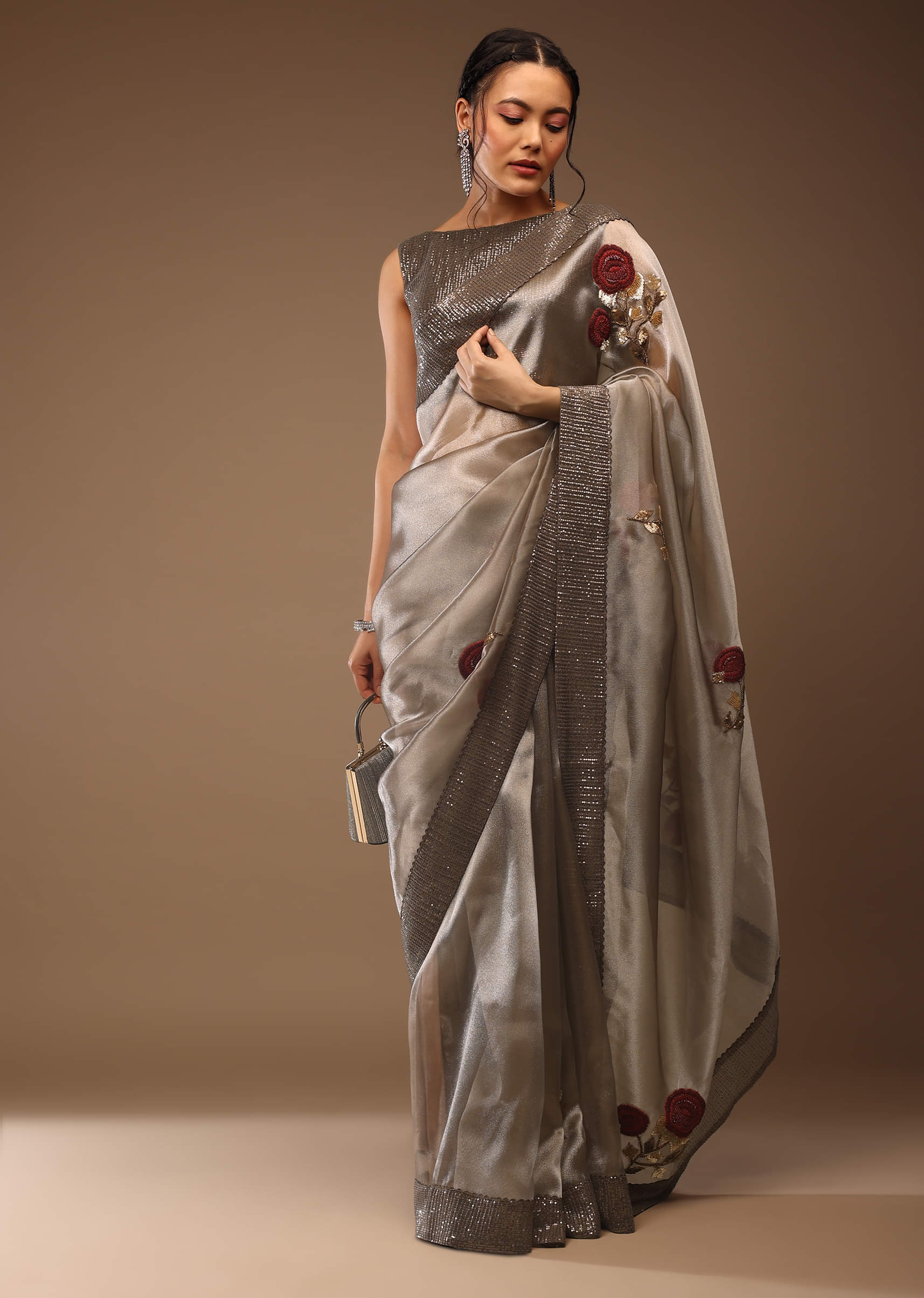 Buy Silver And Cedar Brown Saree In Tissue Organza With