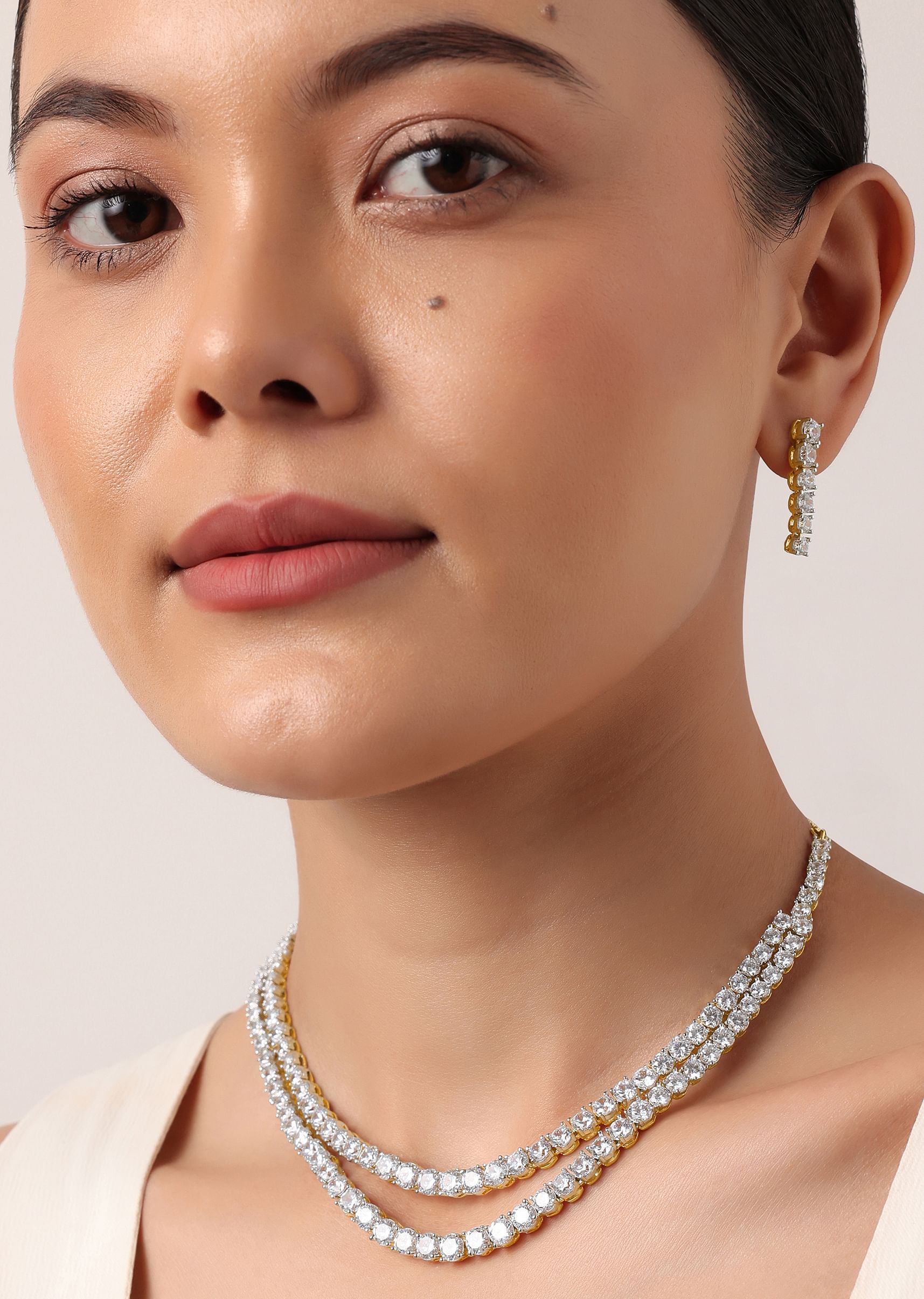 Buy Silver And Gold Two Layered Short Necklace Set With Zircon Diamonds KALKI Fashion Global
