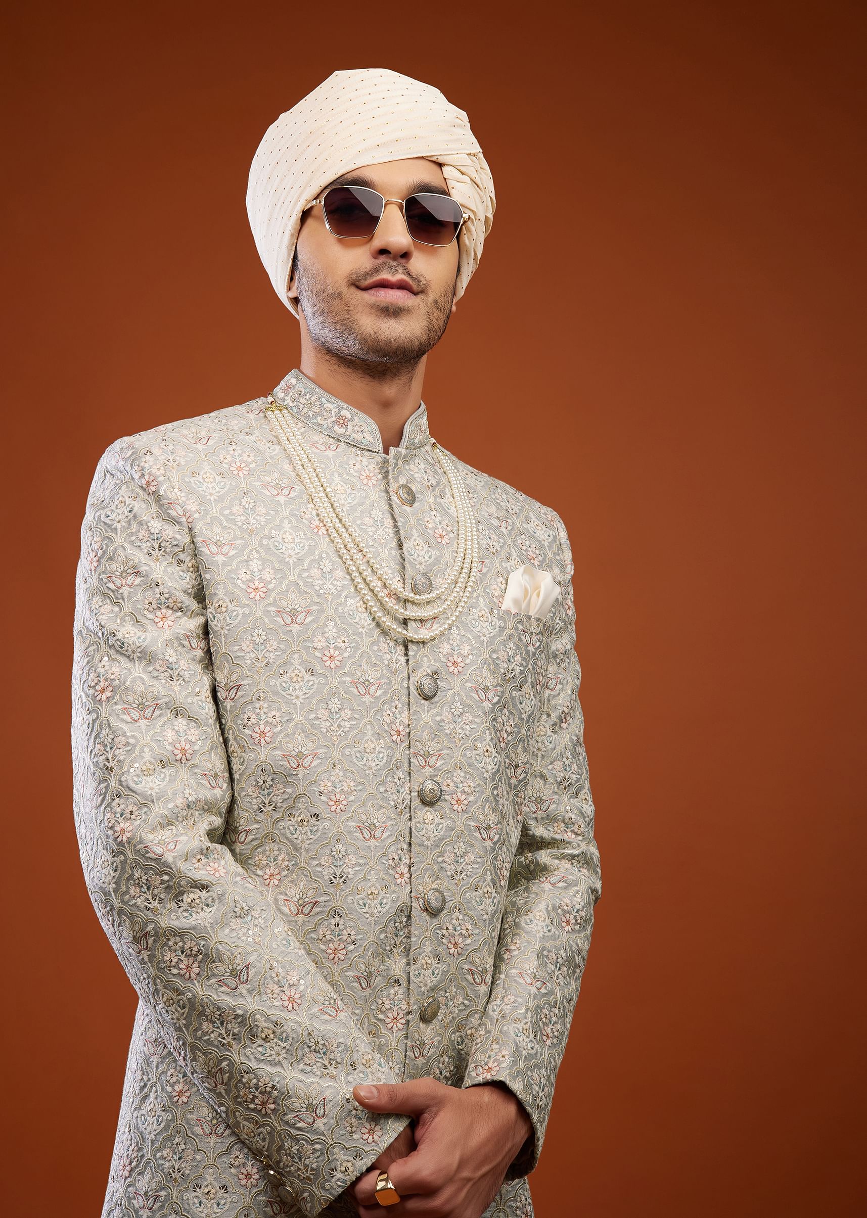 Buy Silver Grey Sherwani Set In Tussar Silk KALKI Fashion India