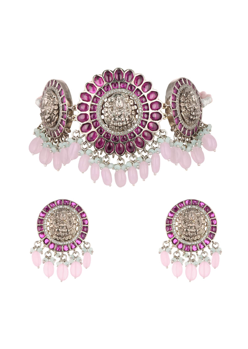 Silver Finish Oxidised Choker Set With Meenakari Work 