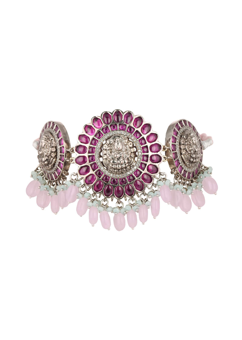 Silver Finish Oxidised Choker Set With Meenakari Work 