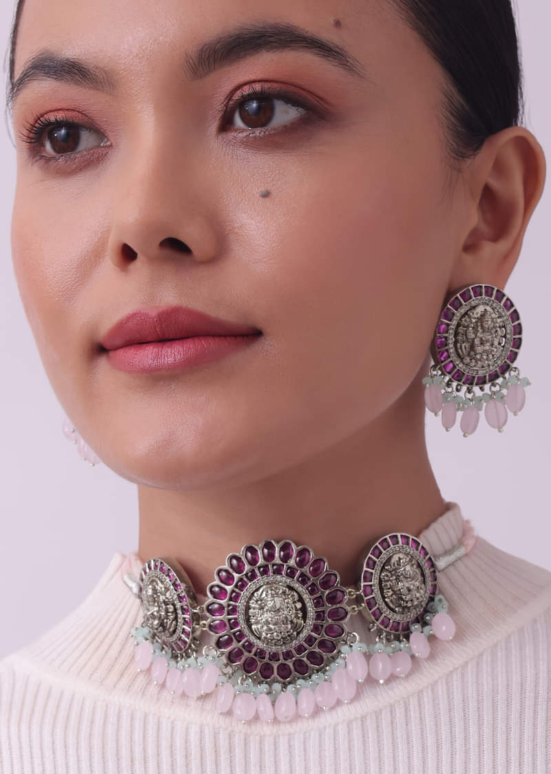 Silver Finish Oxidised Choker Set With Meenakari Work 