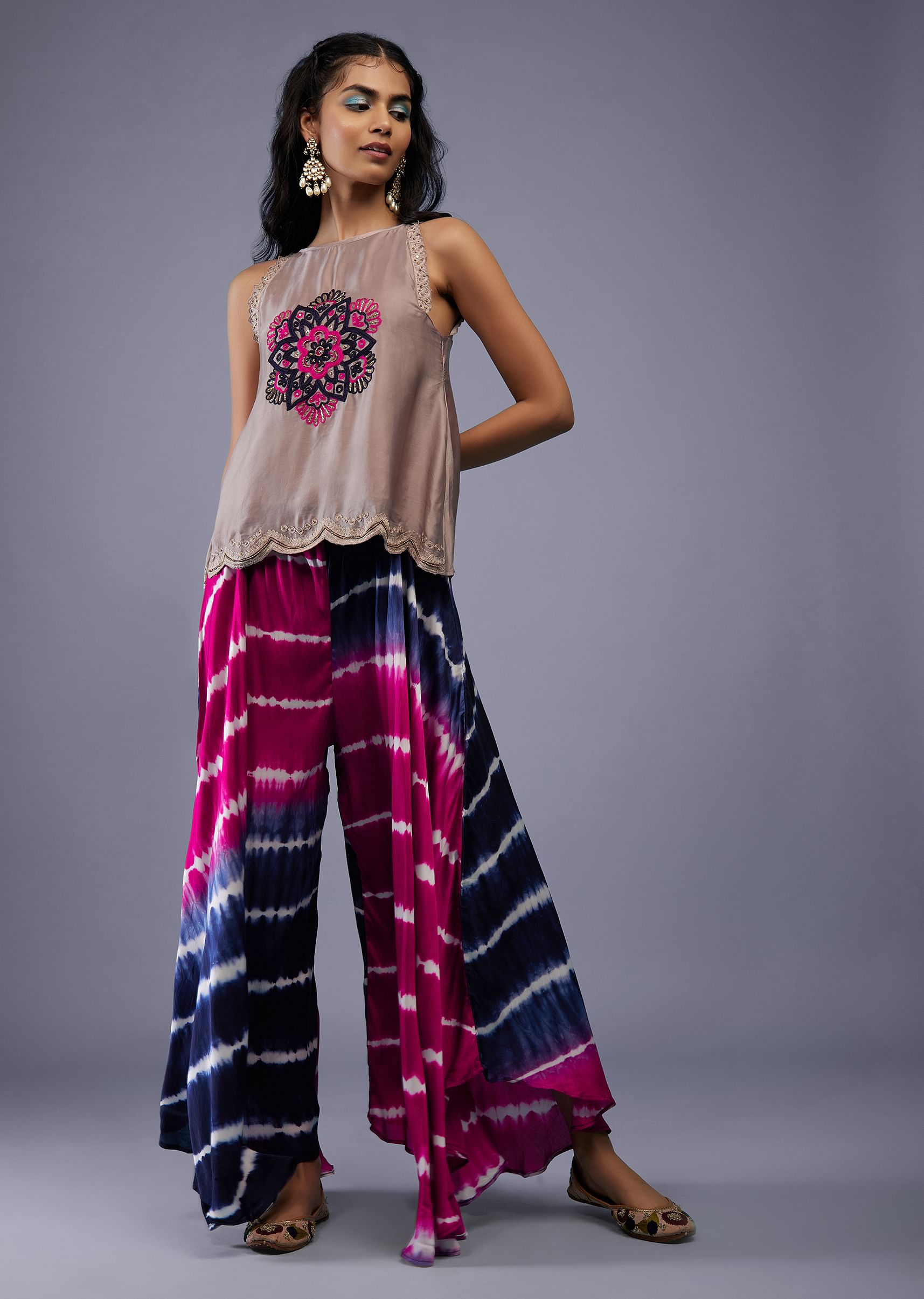 Buy Dusty Pink Embroidered Scallop Top with Rani Pink and Indigo Blue Tie Dye Flared Palazzo in Silk Online in India