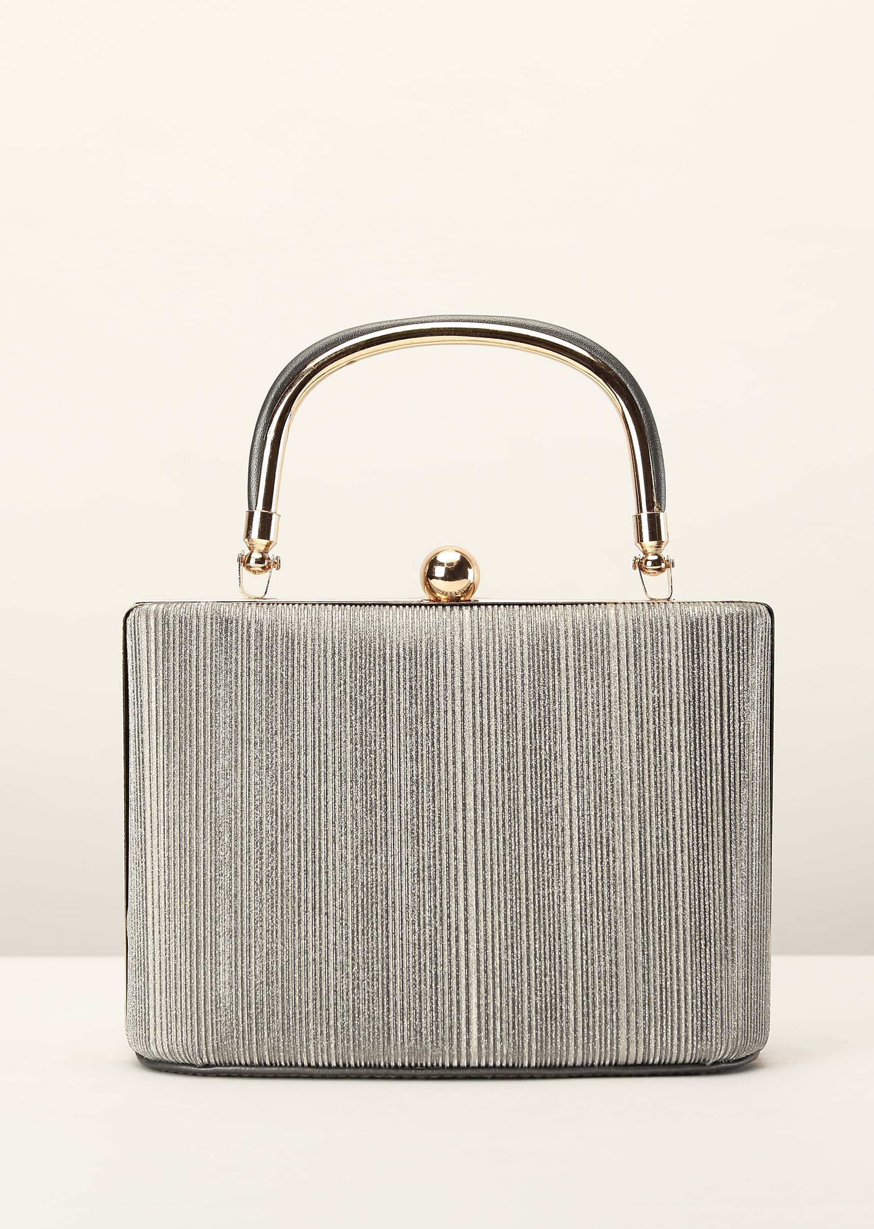 Buy Silver Grey Clutch In Crush Fabric With Metal Handle And Clasp Closure