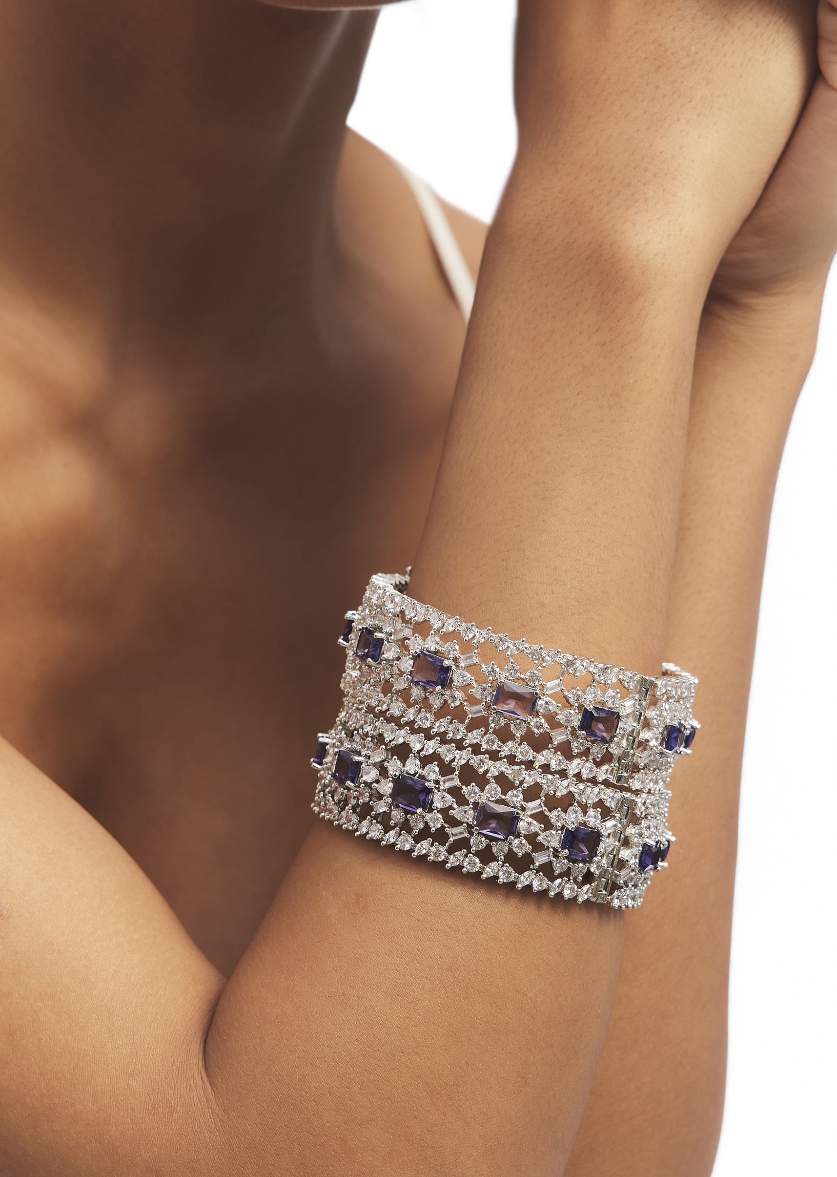 Buy Silver Mix Metal Zircon Bangles Set With Purple Accents