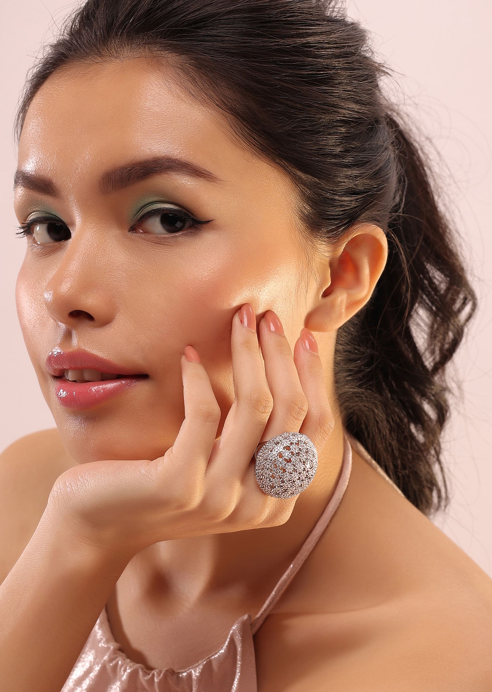 Buy Silver Mushroom Ring With White Stones Embedded In