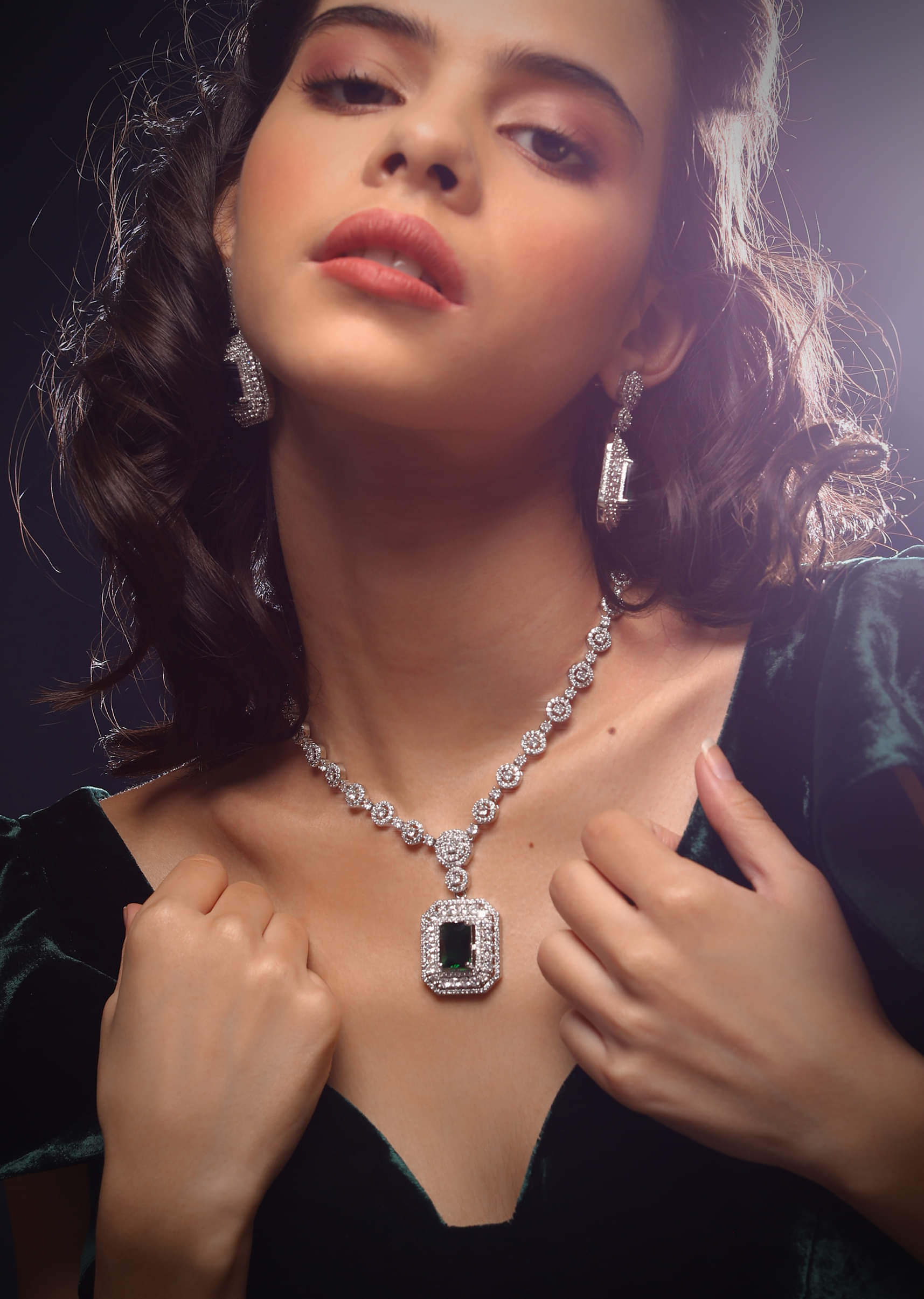 Buy Silver Necklace And Earrings Set Studded In Green Stone Pendant  Swarovski Linked Round Motifs