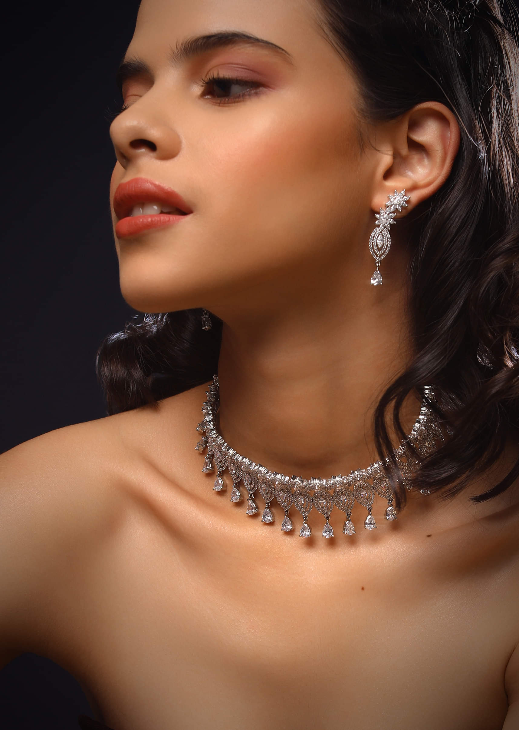 Buy Silver Necklace And Earrings Set With Swarovski Studded