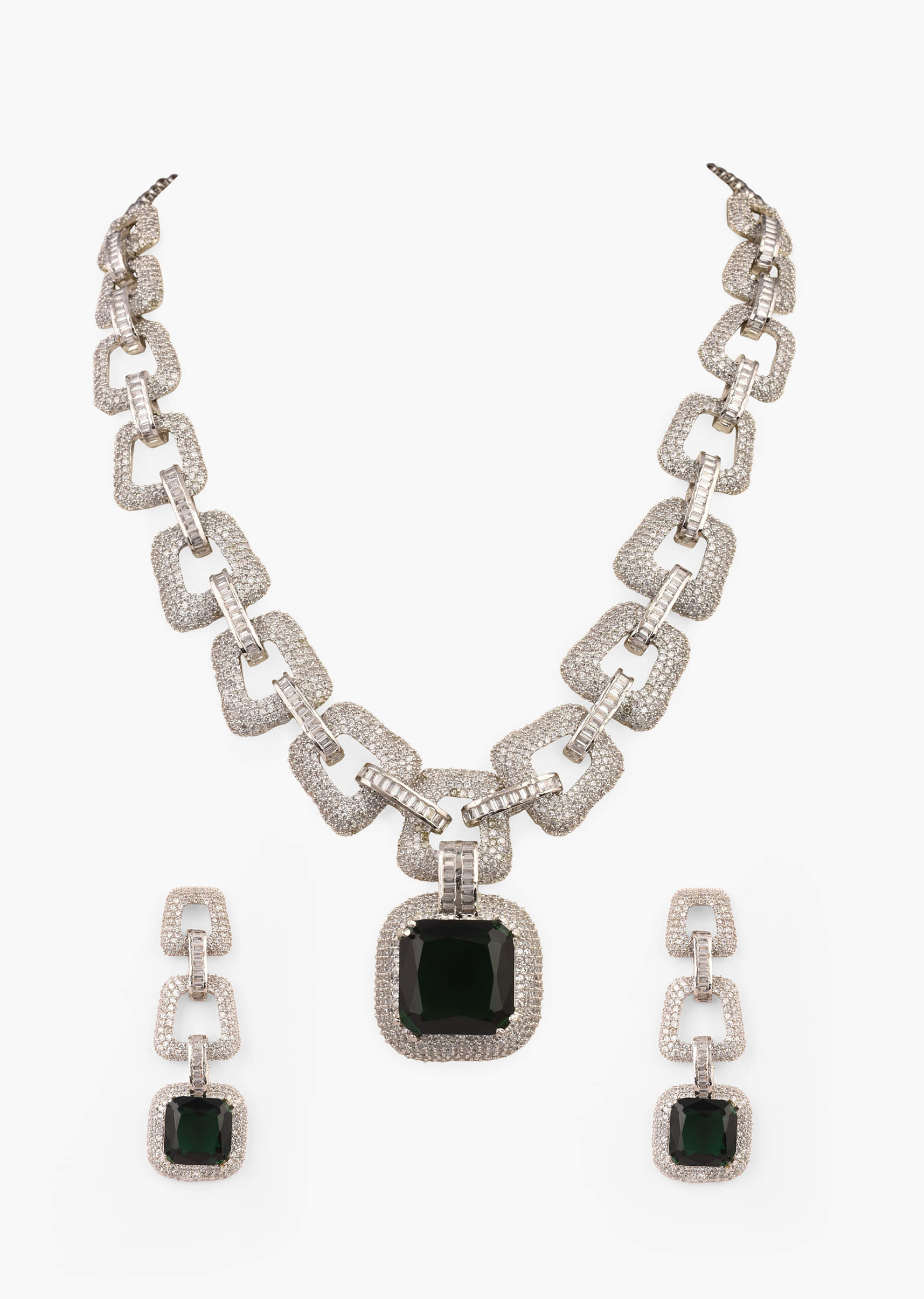Buy Silver Necklace And Earrings Set Studded In Green Stone Buy Silver Necklace And Earrings Set Studded In Green Stone