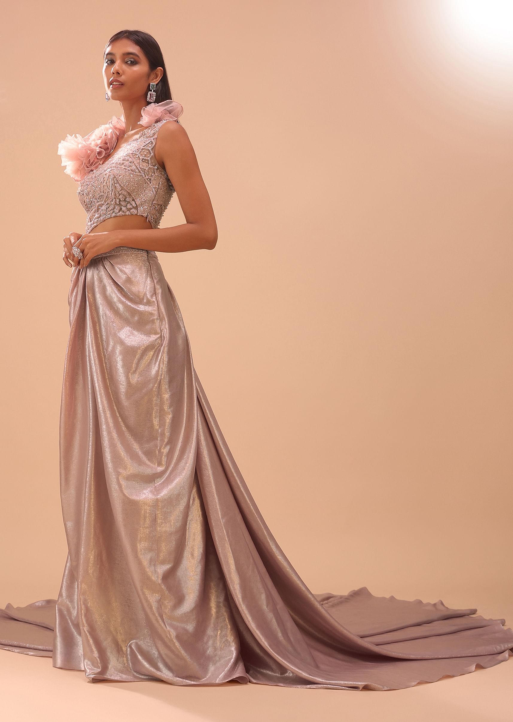 Buy Dusty Pink Embroidered Gown With Ruffle Adornments