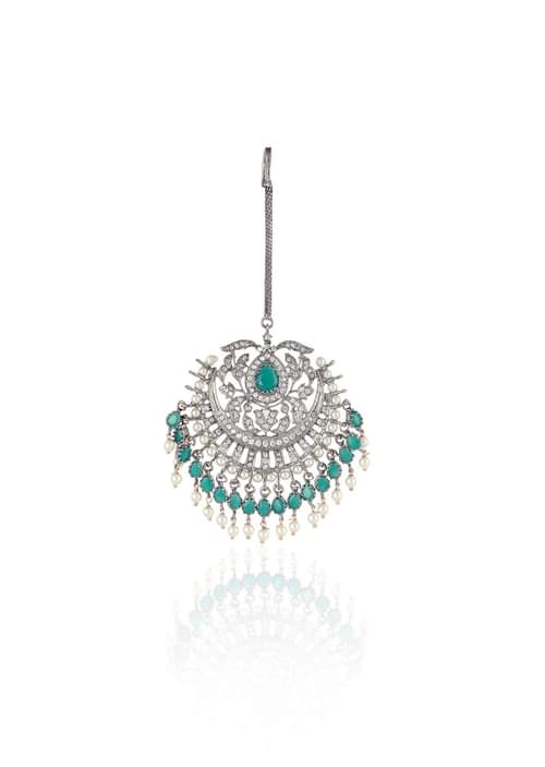 Buy Silver Plated Mang Tika With Faux Diamonds And Green Stones In