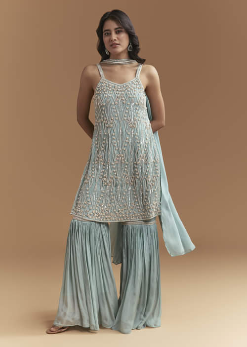 Sky Blue Chinon Sharara Suit With Moti And Beads Work Sky Blue Chinon Sharara Suit With Moti And Beads Work