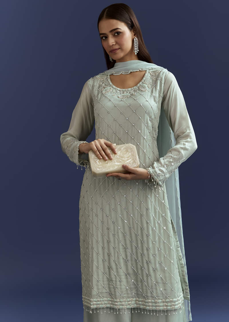 Sky Blue Cutdana Kurta With Scallop Dupatta And Palazzo In Chinon