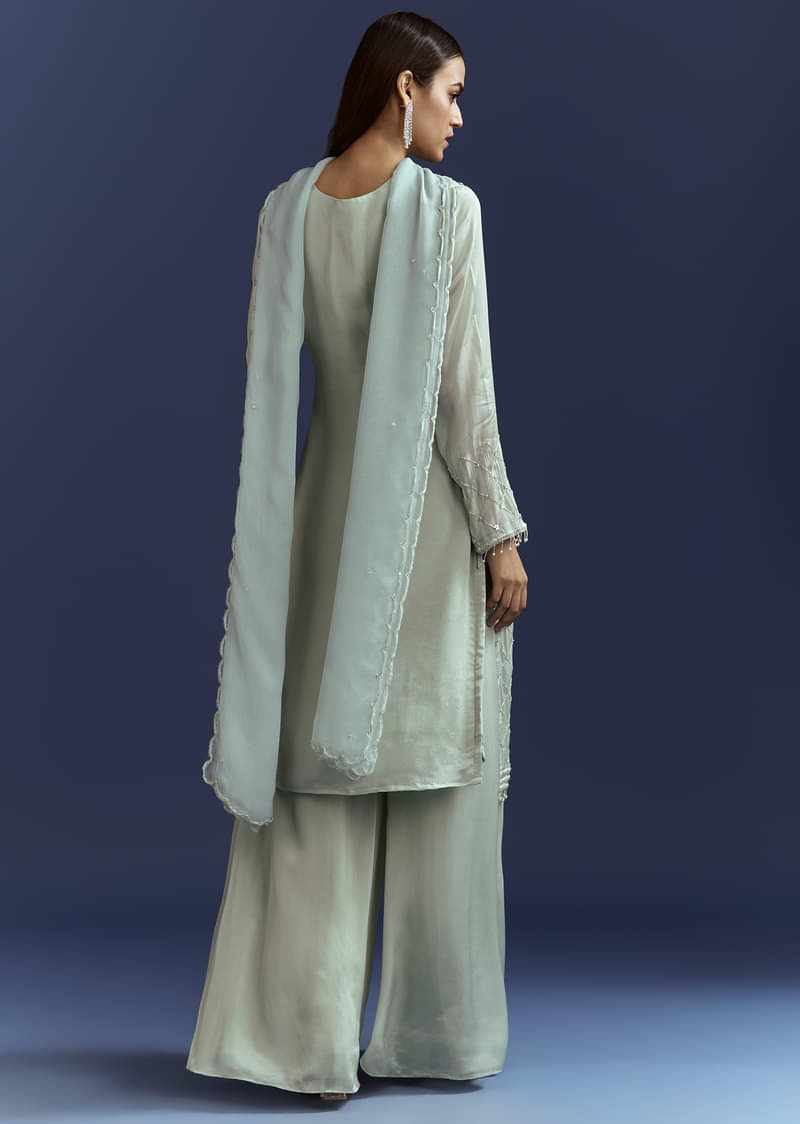 Sky Blue Cutdana Kurta With Scallop Dupatta And Palazzo In Chinon