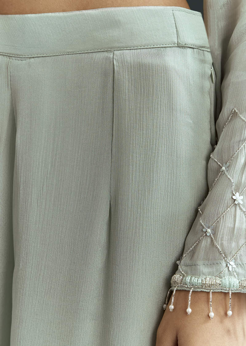 Sky Blue Cutdana Kurta With Scallop Dupatta And Palazzo In Chinon