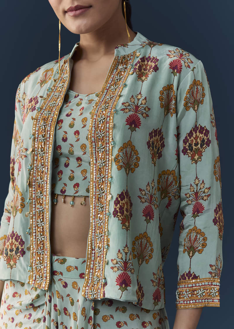 Sky Blue Floral Print Crop Top Skirt Set with Sequins Work Jacket