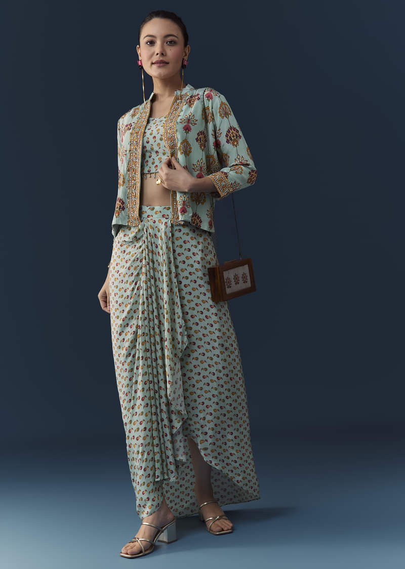 Sky Blue Floral Print Crop Top Skirt Set with Sequins Work Jacket