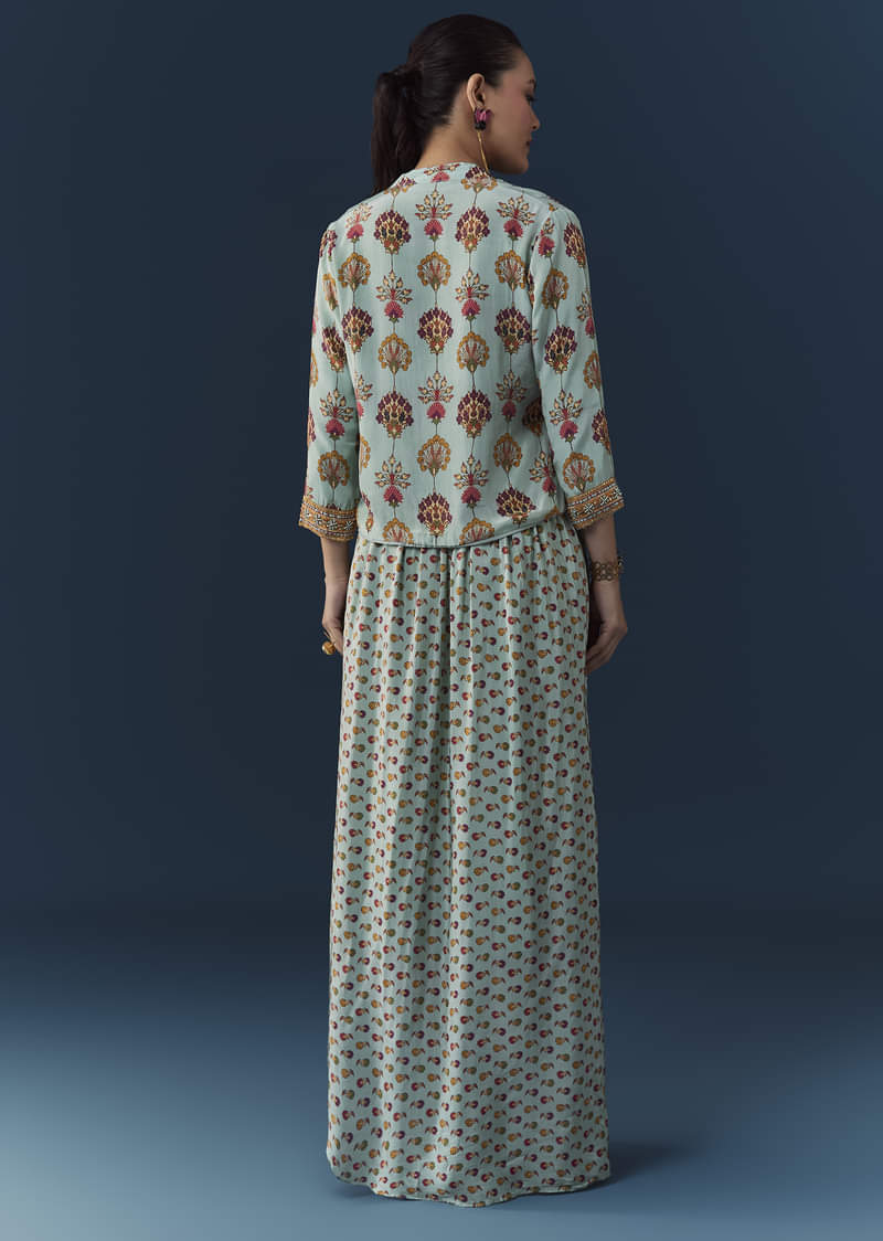 Sky Blue Floral Print Crop Top Skirt Set with Sequins Work Jacket