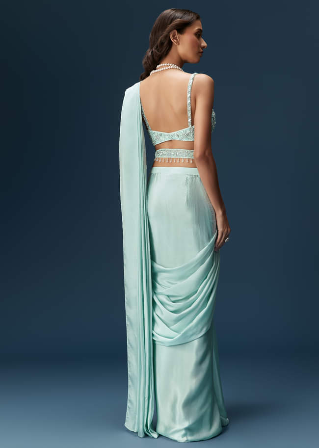 Sky Blue Ready Pleated Saree With Blouse And Belt