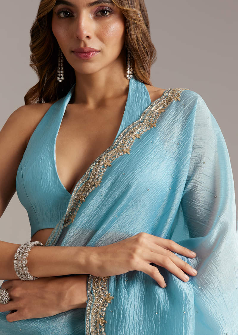 Sky Blue Tissue Saree With Scallop Border Embroidery