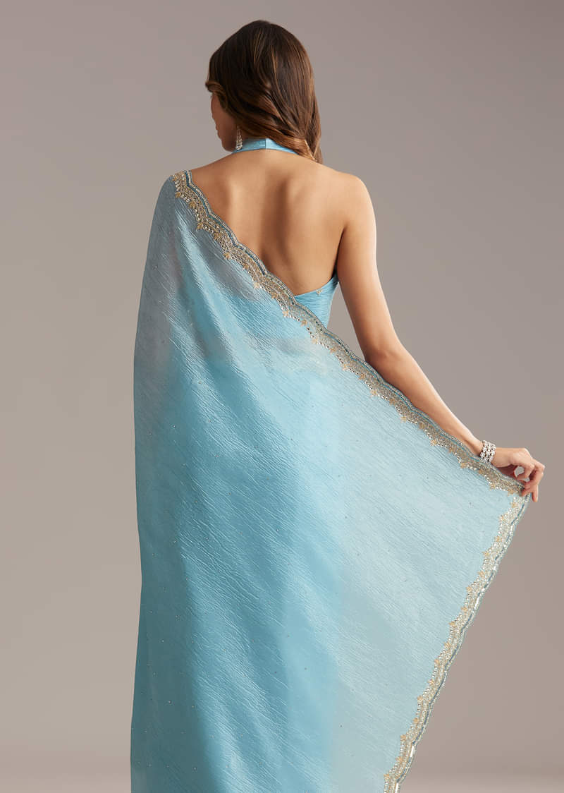 Sky Blue Tissue Saree With Scallop Border Embroidery