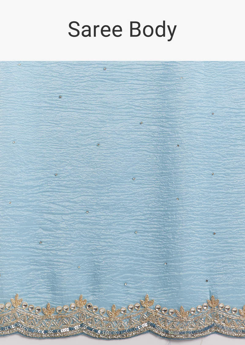 Sky Blue Tissue Saree With Scallop Border Embroidery
